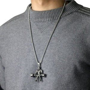 Weightlifter Bodybuilder Necklace Stainless Steel Silver Color 22" New